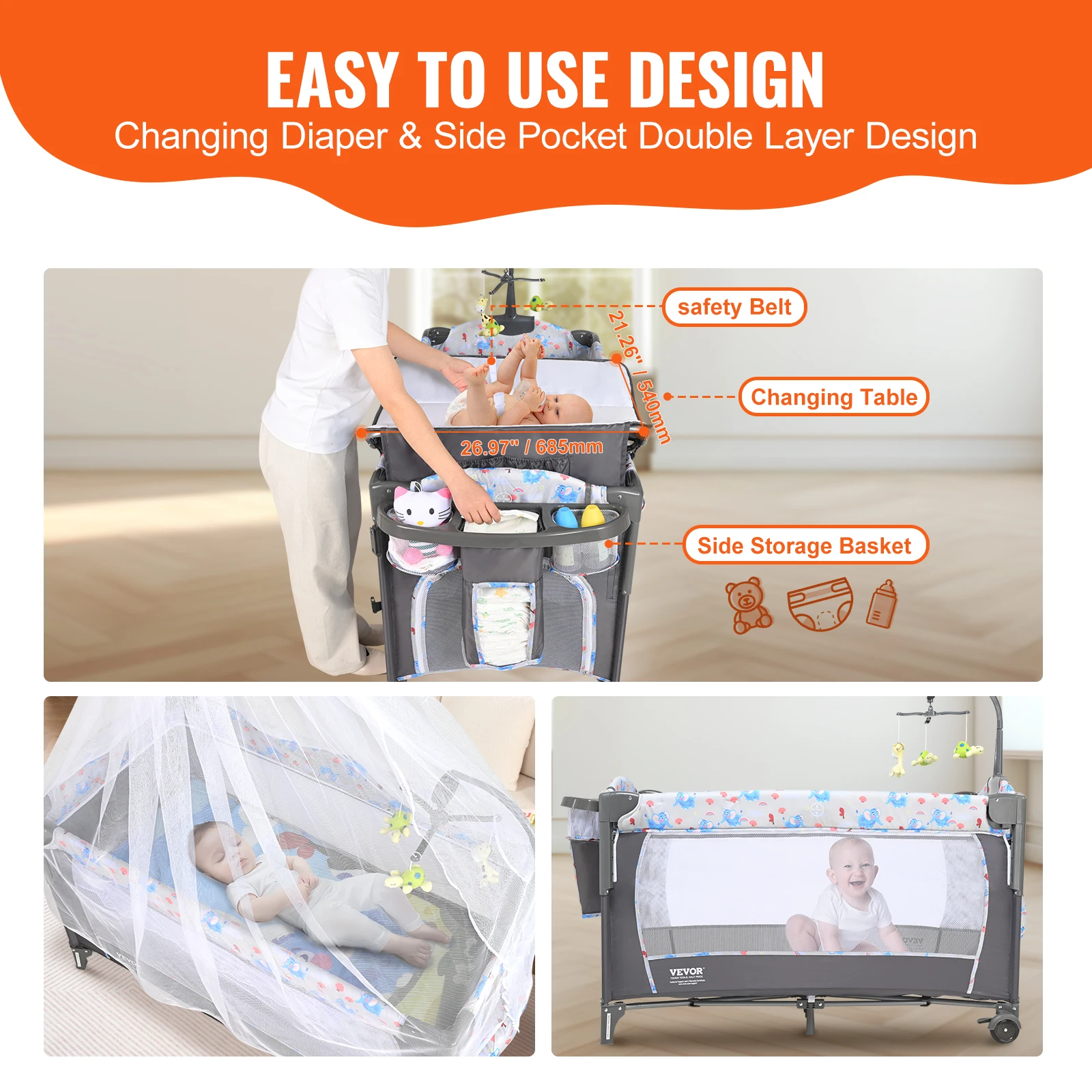 Baby Bassinet 77 pounds Load Capacity Easy to Fold Portable Bedside Sleeper Storage Basket Wheels baby bassinet