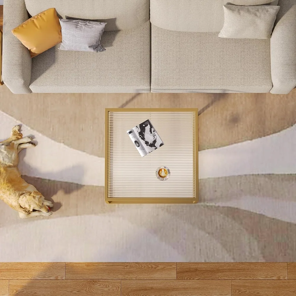 Modern Glass Coffee Table,Small Squre Coffee Tables for Unique Art Center Tables with Gold Metal Frame, Easy Assembly 5
