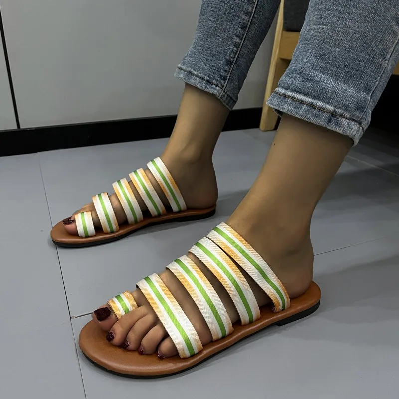 

Ladies Shoes 2023 Open Toe Women's Slippers Concise Daily Slippers Women Striped Flat with Round Toe Thimble Toe Women's Sandals