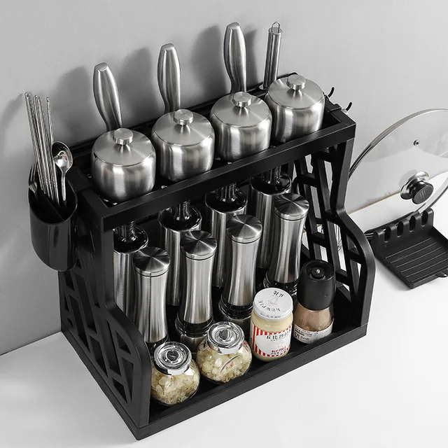 Multifunkcionális Konyhai Fűszeres Állvány, Háztartási Kellékek, Padlóra Szerelt Késtartó, Tároló Két Emelet A - Image 2