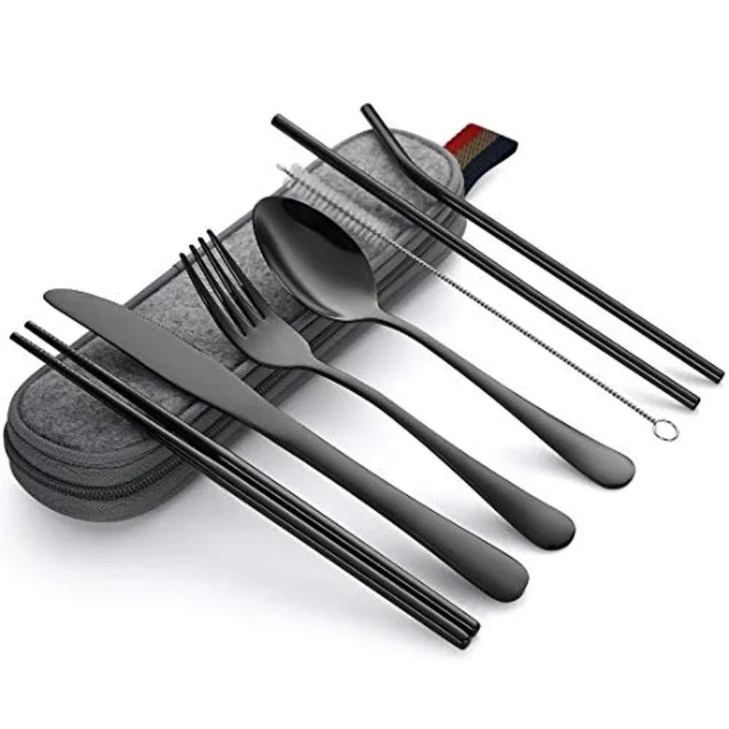 Tableware Reusable Travel Cutlery Set Camp Utensils  with Stainless Steel Spoon Fork Chopsticks Straw Portable Case images - 6