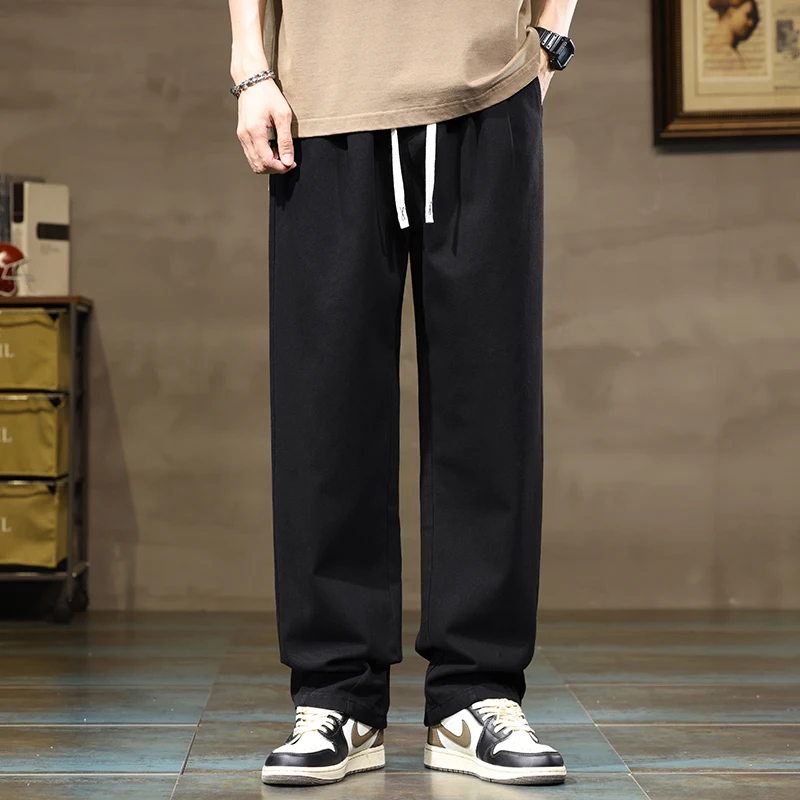 100% Cotton Men's Loose Wide Leg Pants Elastic Waist Fashion ArmyGreen Khaki Korean Streetwear Autumn Straight Trousers 4