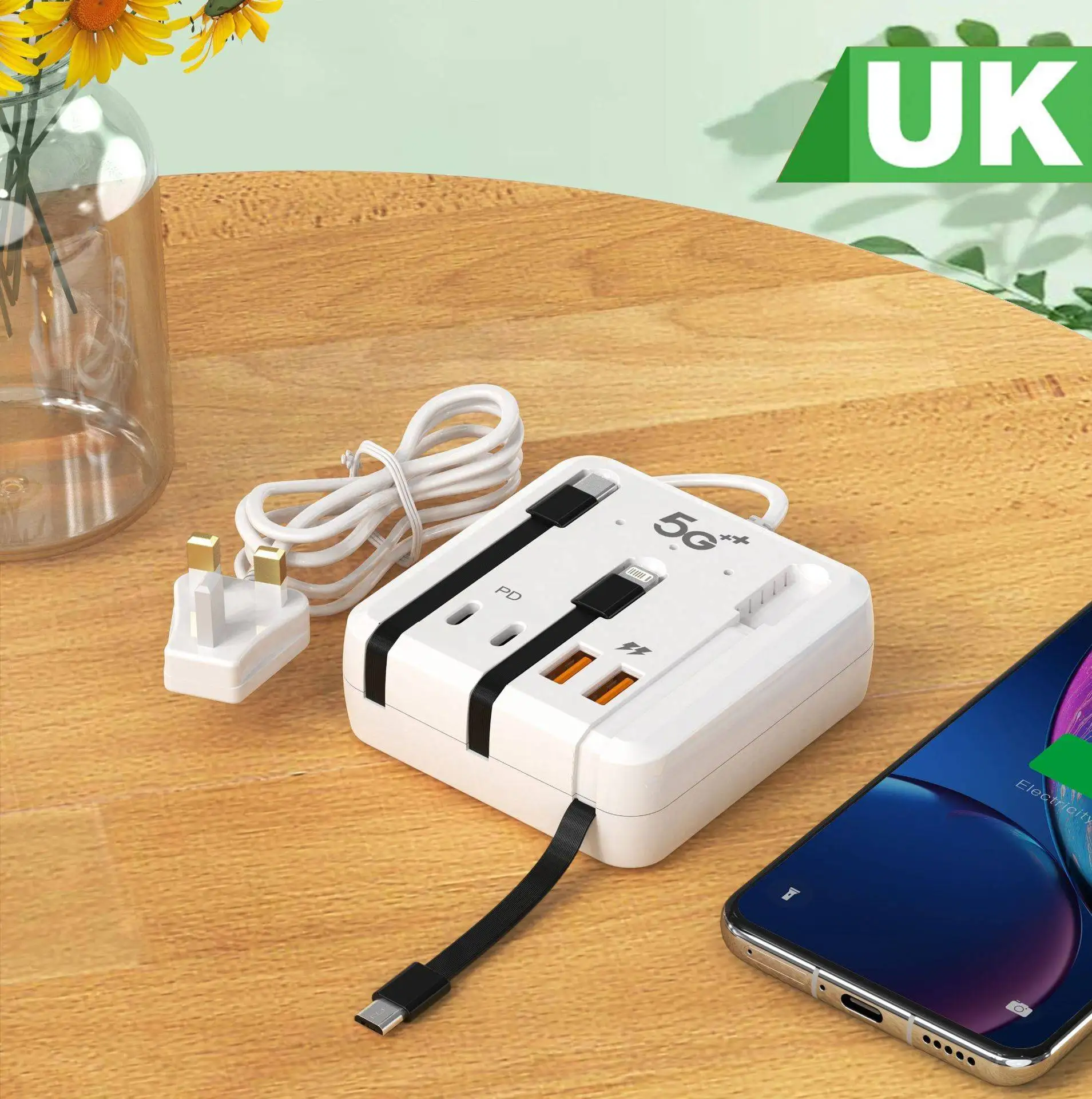 High-Speed 4-Port USB-C PD Charging Station with Integrated Power Strip and Cables