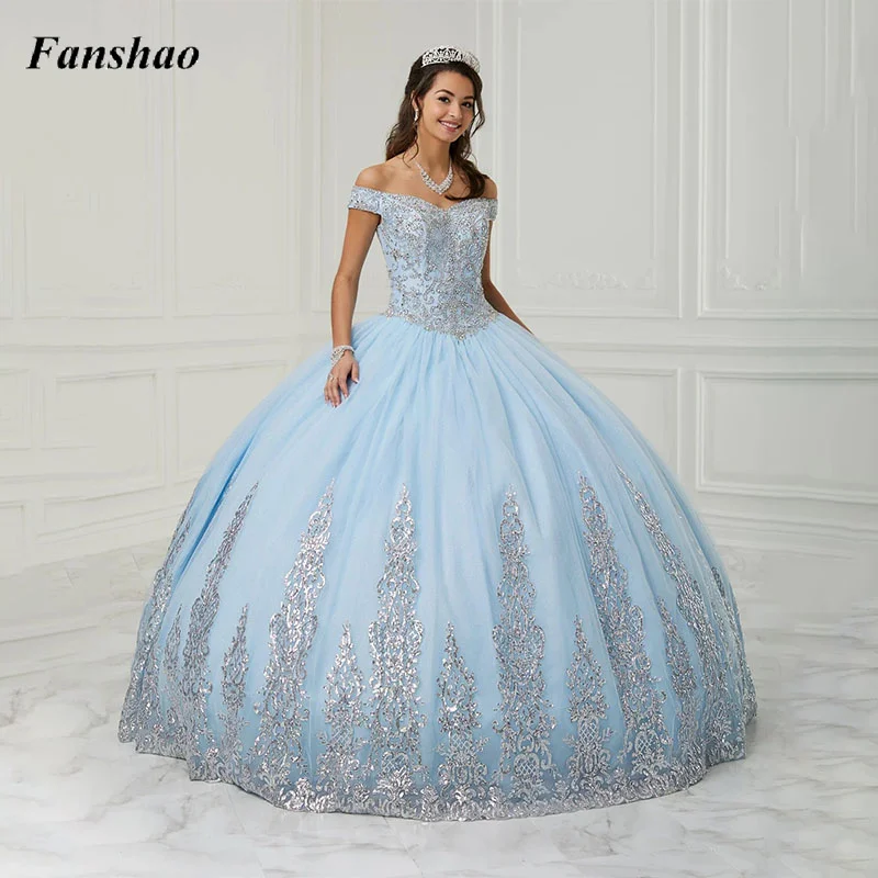 

Fanshao pd166 Appliques Sequins Quinceanera Dress Off Shoulder Sleeveless Tulle Vestido For Sweet 15 Girls Ball Gown Prom Party