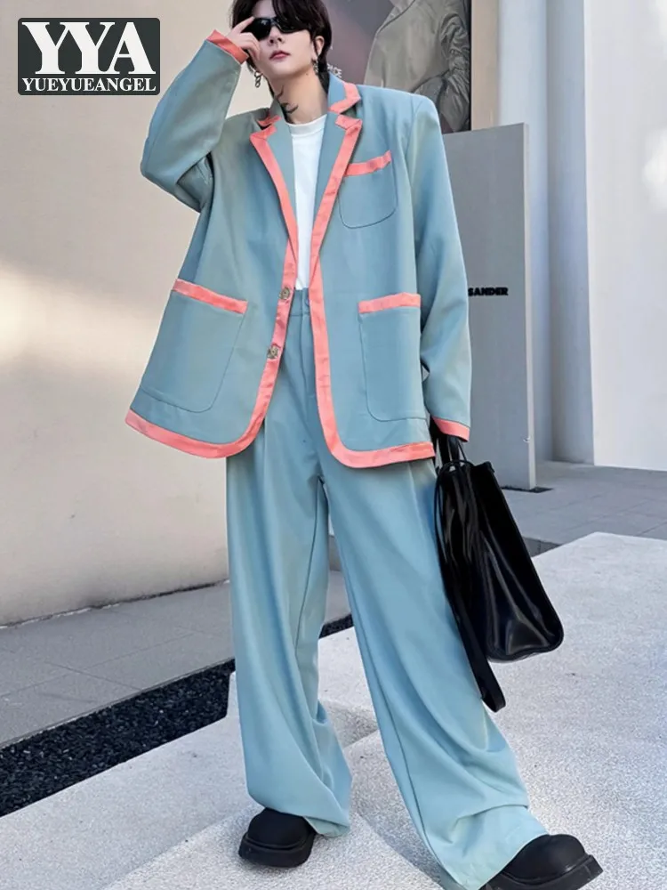 

Модельные модные мужские костюмы, весенние Свободные повседневные дизайнерские однобортные блейзеры в стиле хип-хоп, прямые брюки, мужской комплект из двух предметов