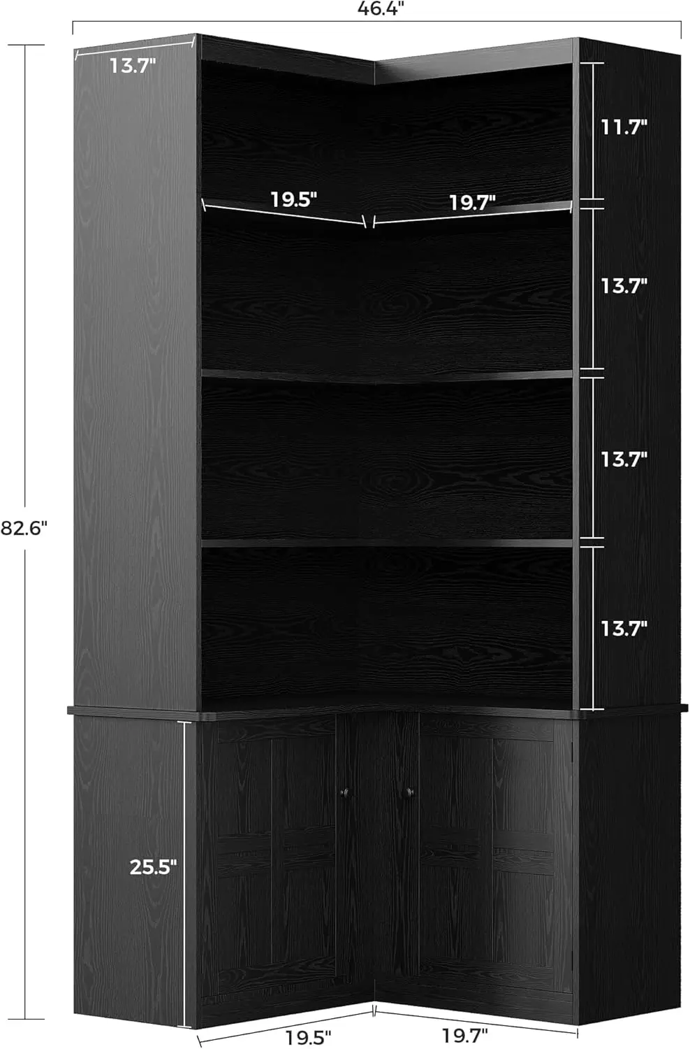 Corner Bookshelf with Doors, 6 Tier Bookcase with Storage, Corner Shelf with Cabinet, Large Tall Bookshelf