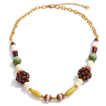 2026 New Arrivals Wood Bead Chain Handmade Necklace Waterproof Stainless Steel Fashion Statement Jewelry Gift 7