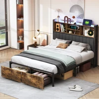 Металлический каркас кровати Comanlai с 2 ящиками, двуспальная кровать со светодиодной подсветкой, USB-портами, изголовье с местом для хранения вещей, кровать 140/160x200 см