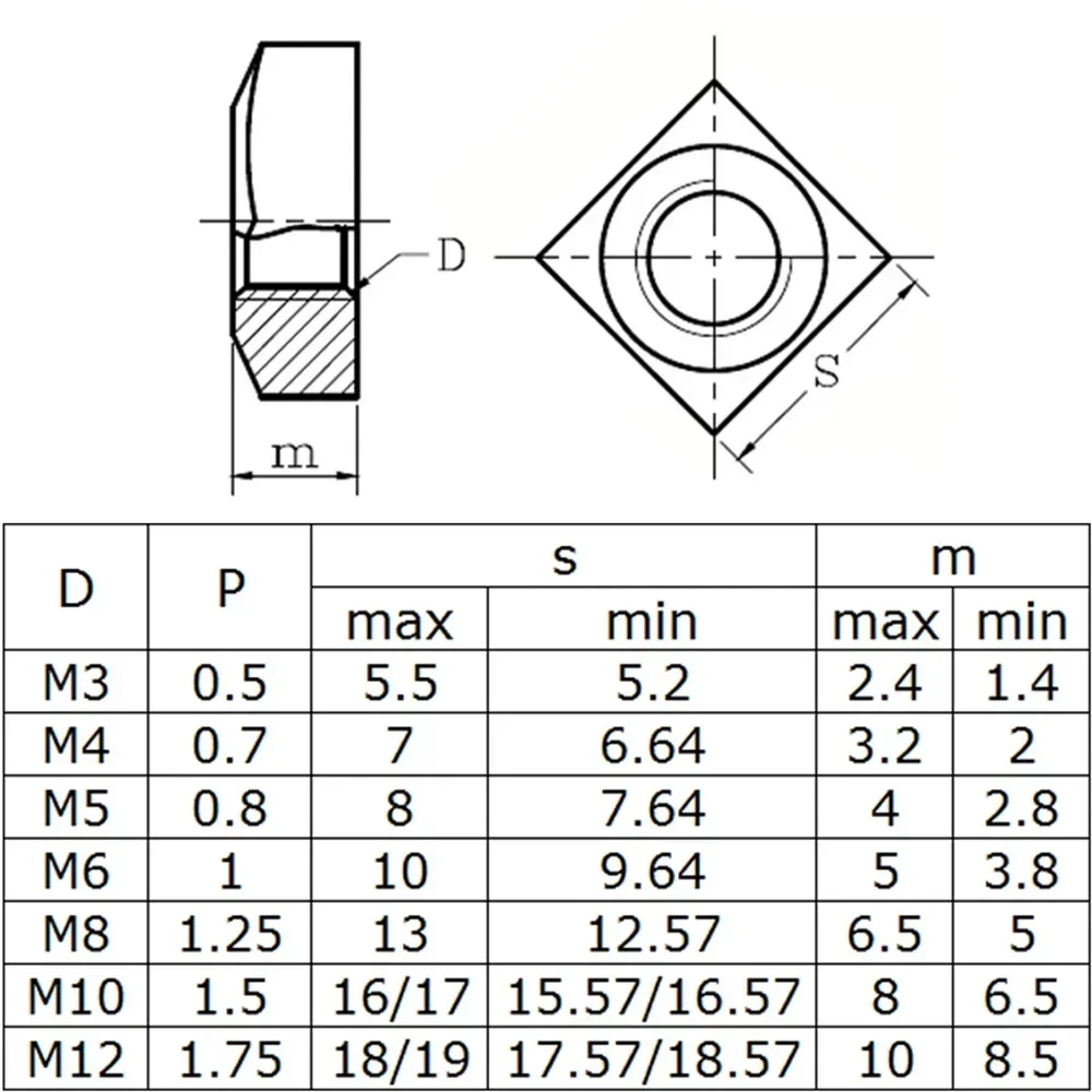 1-50pcs 304 A2-70 Stainless Steel Square Nuts M3 M4 M5 M6 M8 M10 M12 for Screw Bolt Fastener Accessories