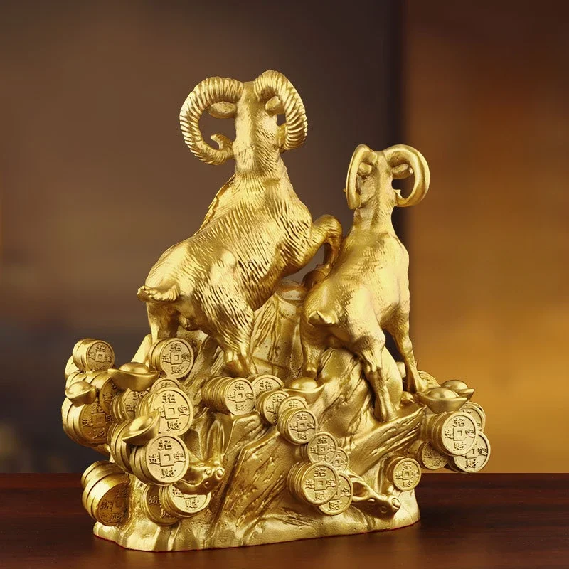 Brass Three Rams Kaitai Sculpture Decorative, Animal Sheep Home Living Room Office TV Cabinets Art Decoration Bronze Crafts, 1Pc