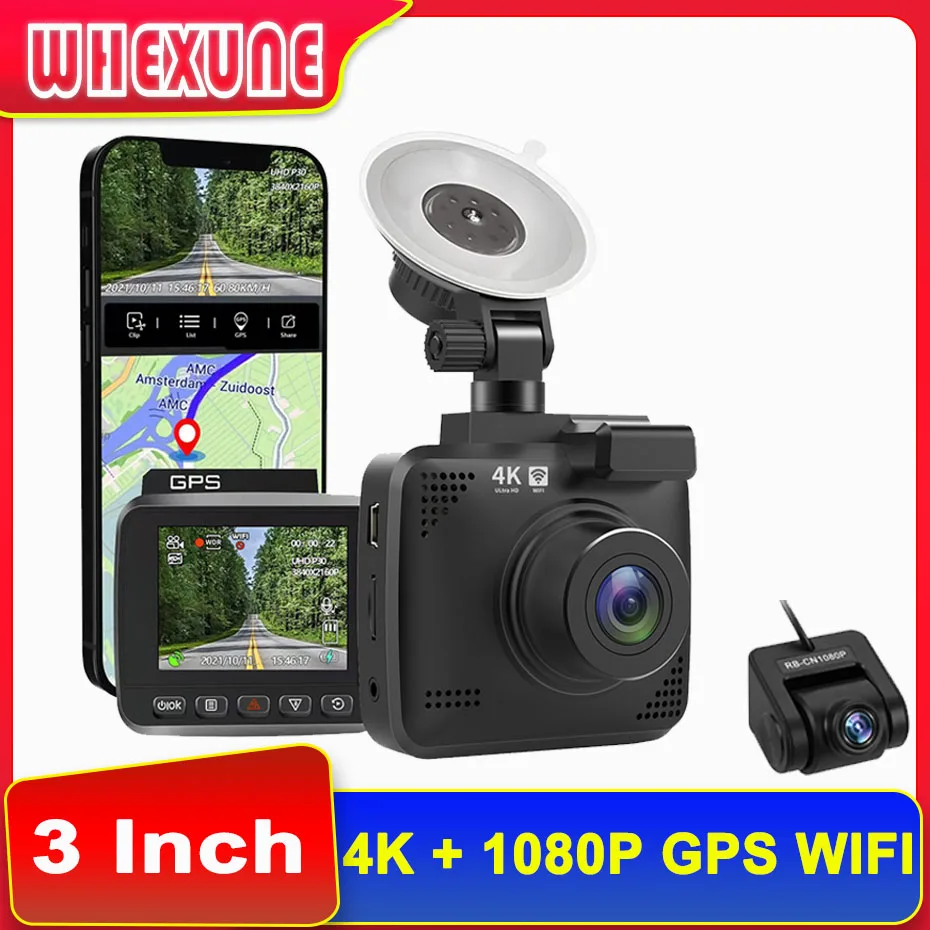

4K 2160P Автомобильный видеорегистратор, GPS-трекинг, Поддержка прямого эфира, удаленный мониторинг, две камеры Novatek 96675, видеозапись 1080P, точка доступа Wi-Fi