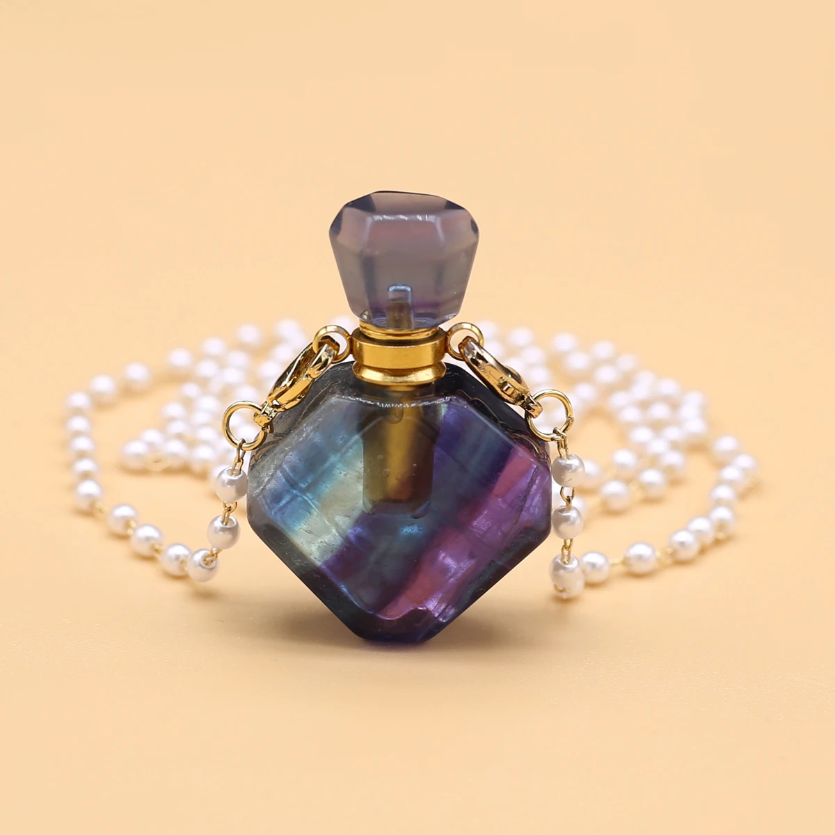 

New Hot Natural Stone Perfume Bottle Pendant Necklace Faceted Fluorite Quartz Charms Pearls Beads Chain Necklaces Jewelry Gift