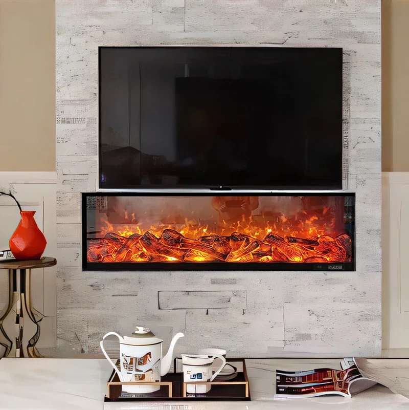 Fireplace Indoor 2D Real Flame Decorative Electric Fireplace Wall Mounted Electric Glass Modern Wood Charcoal TvStand