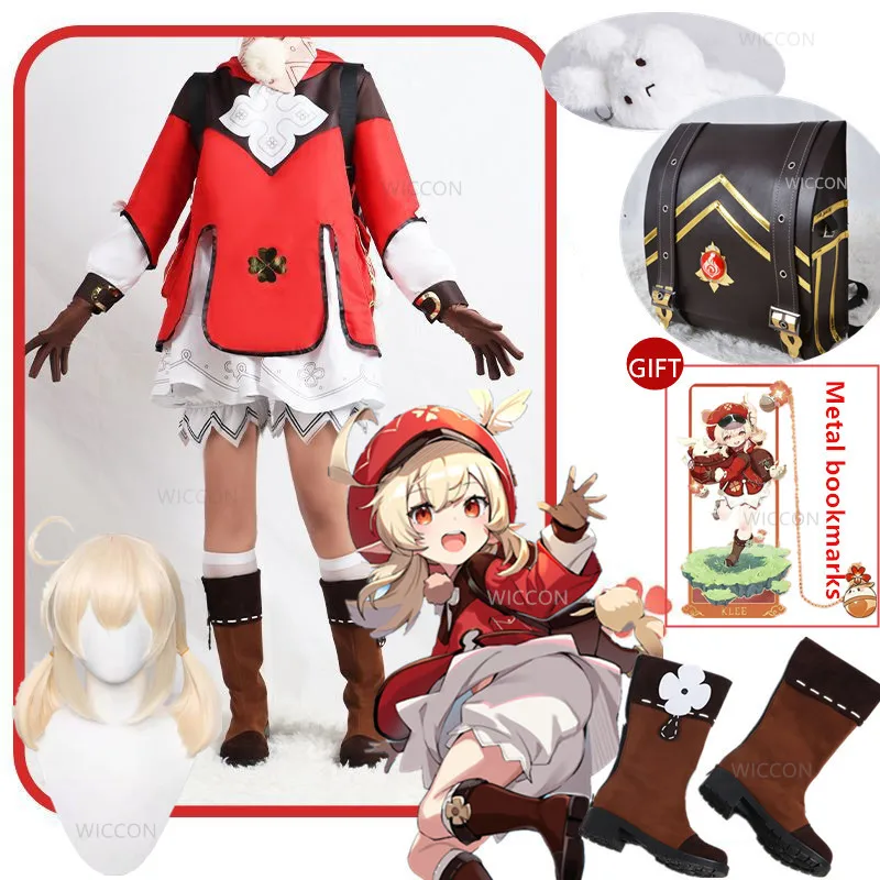 

GAME Klee Cosplay Costume Game Genshin Impact Woman Halloween Carnival Red Dress Loli Hat Ears Wig Knapsack Full Set Props