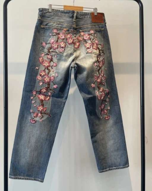American Gothic Retro Cherry Blossom Print Loose Jeans Female Y2K Harajuku Hip-Hop Casual Joker Wide Trousers For Street Wear 1