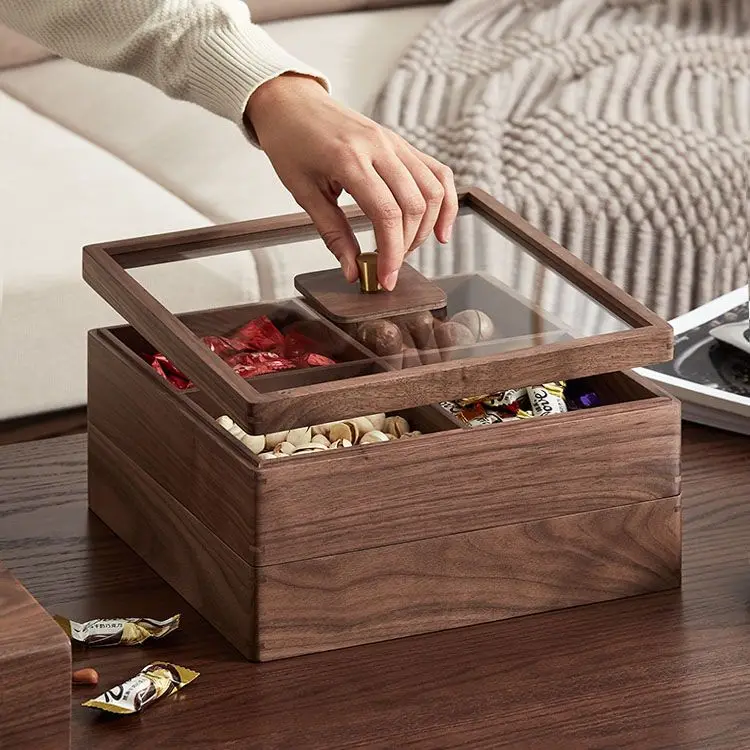 

Black Walnut Wood Fruit Plate Divided Fruit Tray Multi-layer Solid Wood Dried Fruit Box Living Room Desk Snack Box Kitchen Tools