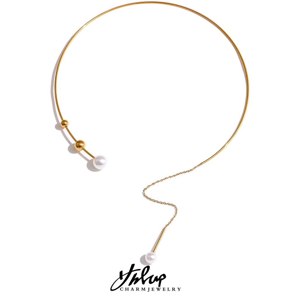 Yhpup Korean Imitation Pearls Drop Stainless Steel Torques Necklace New Collar Metal Gold Color Delicate Trendy Jewelry Women metal choker necklace