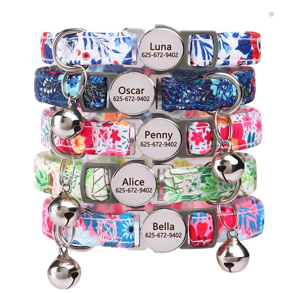 Custom Nylon Cat Collar Cute Print Kitten Cats Collars Quick Release Nylon Pet Necklace With Bell Adjustable for Cats Puppy Pink 2