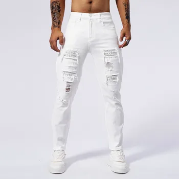White Jeans Men's Cotton Skinny Elastic Ripped Hole Fashion Korean Denim Pants Rock Slim Trousers Hip-hop Streetwear 1