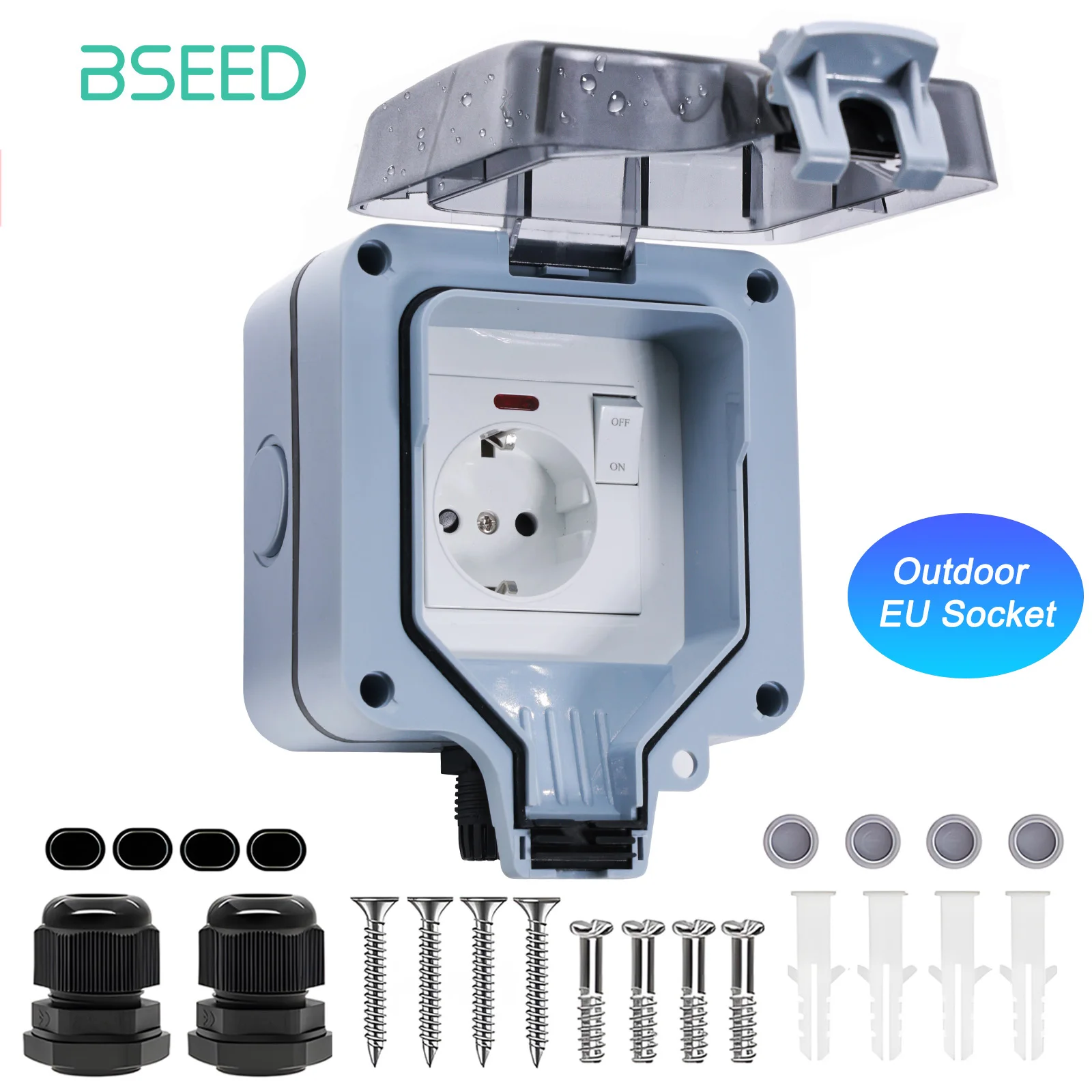 BSEED IP66 Waterproof Electrical Wall Socket Outdoor Switched Power Socket With Dustproof Box Suitable for Outdoor Gardens