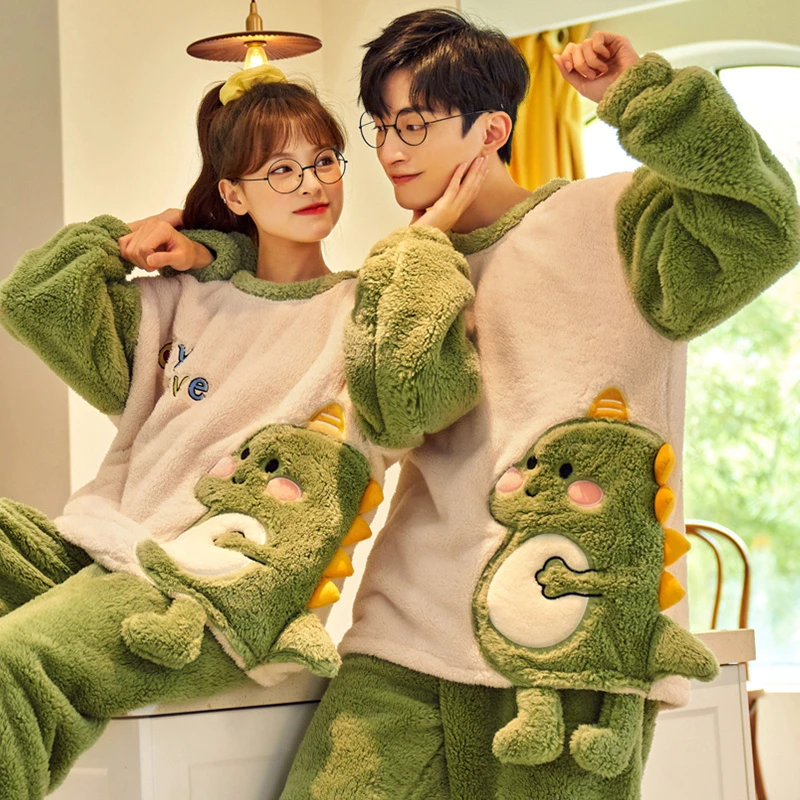 Couples Pajamas Suit Women Men Winter Thicken Cartoon Dinosaur Pijamas Sets  Soft Warm Men Sleepwear Pyjama Pour Femme Lovers Set - AliExpress