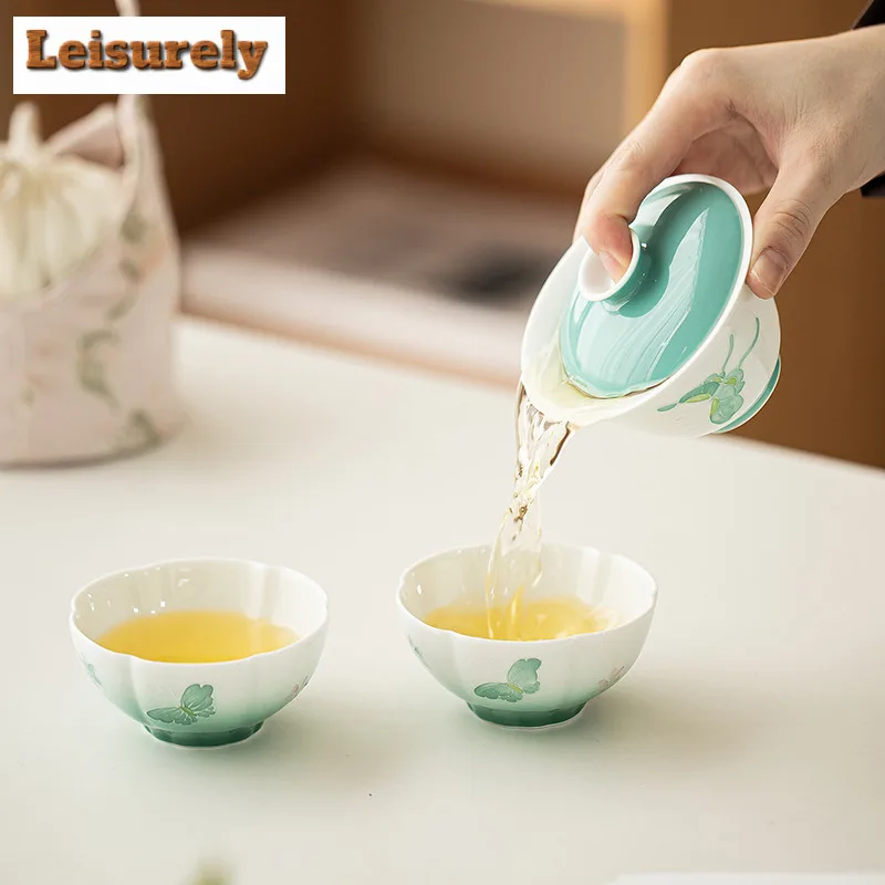 Hand-painted Butterfly Love Flower Travel Tea Set Kit Japanese 1 Pot 2 Cups Tea Maker Organizer Portable Outdoor Handbag Gift