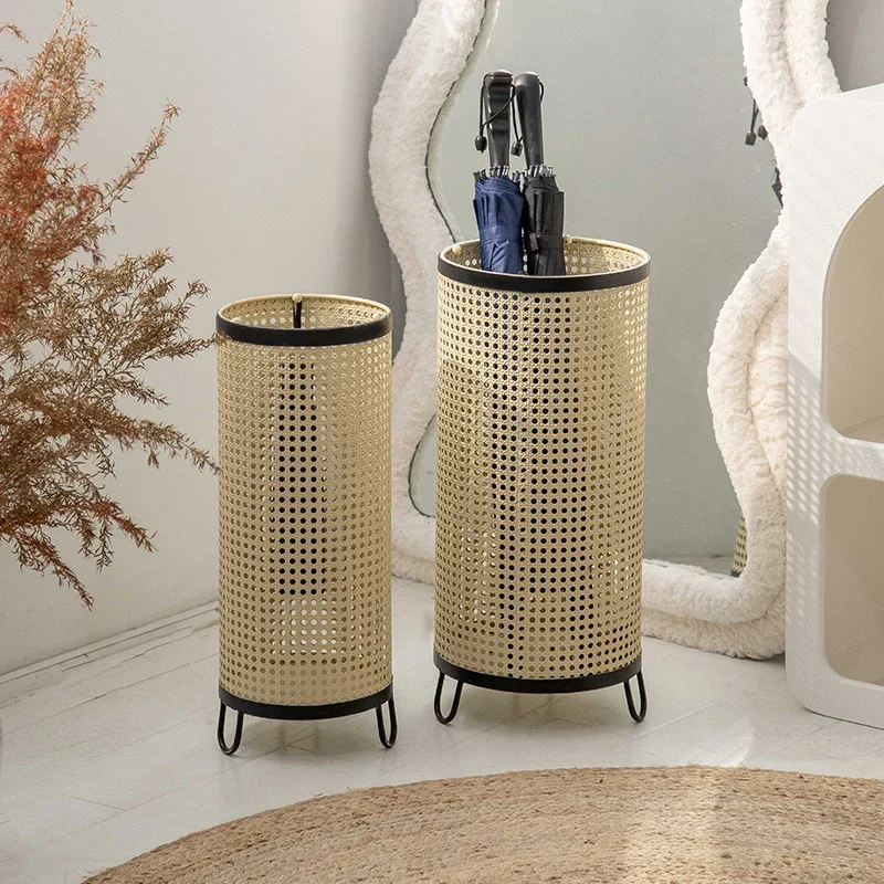 

Nordic Household Umbrella Stand Rattan Woven Hollow-Out Design Breathable and Drainable Parasol Stand for Various Settings