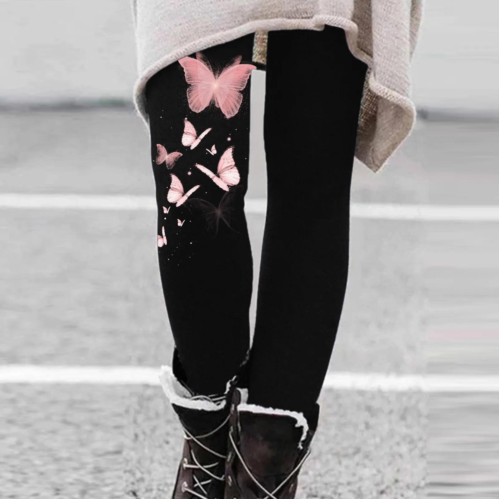 Womens Winter Casual Leggings Elastic Waist Thermal Capris Workout Trousers Thermal Prints Pants