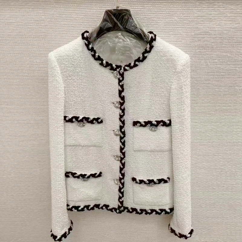 

Old Money Style Classial White Tweed Jacket for Women 2023 Luxury Elegant O-neck Woven Wool & Blends Coats Korean Abrigo Mujer