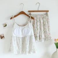 2026 Japanese Summer New Women's Pajama Set 100% Cotton Crepe Cloth Ladies Suspender+Shorts Two Piece Home Furnishing Set - Image 4