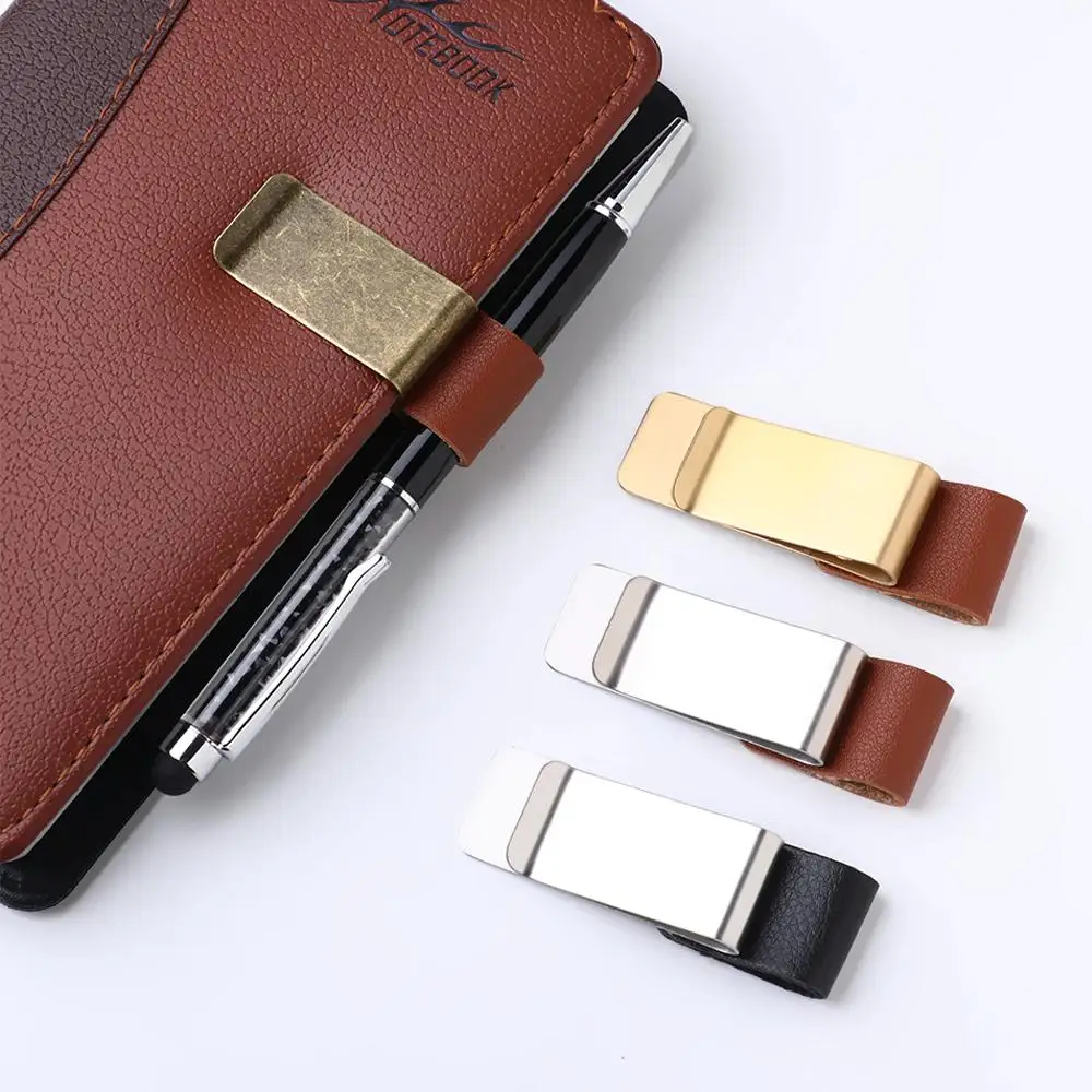 Convenient Metal Brass Pen Folder Notebook Holder Handmade Leather Stainless Steel Clips Stationery
