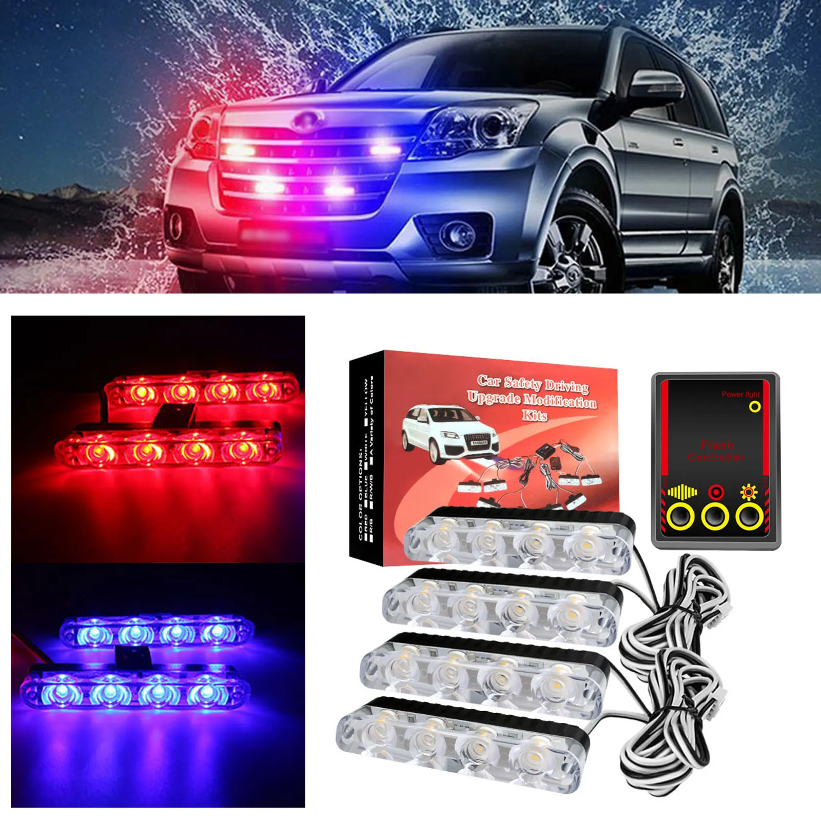 4*4 LED Lights Car Strobe Police Lights Cigaretteer Grill Warning Lamp