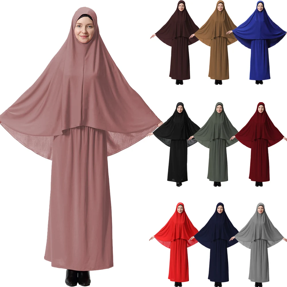 

Ramadan Women 2 Piece Muslim Prayer Set Khimar Abaya Overhead Hijab+Skirt Full Cover Islam Clothing Middle East Worship Service