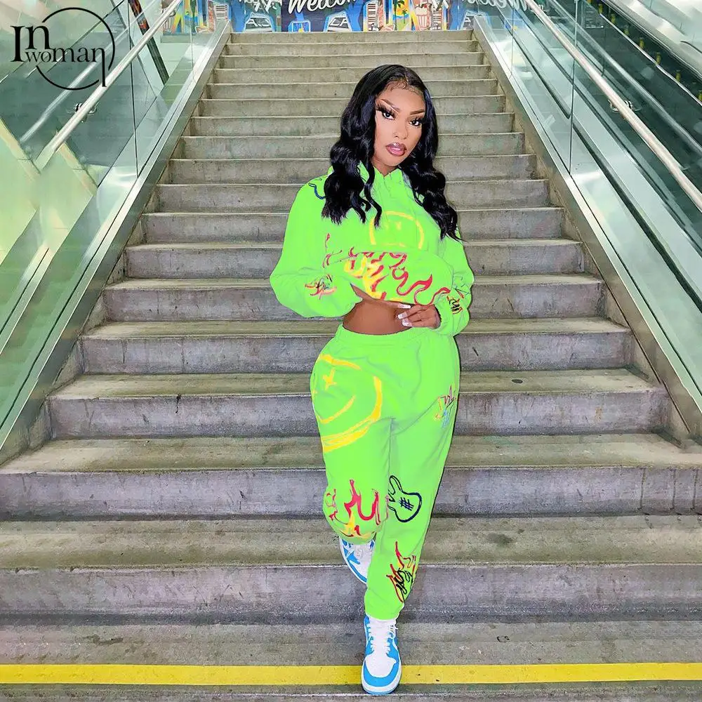 

Женский брючный костюм из двух предметов, зеленая толстовка с капюшоном и графическим принтом, уличная одежда с длинным рукавом, повседневный брючный костюм, Осень-зима 2023