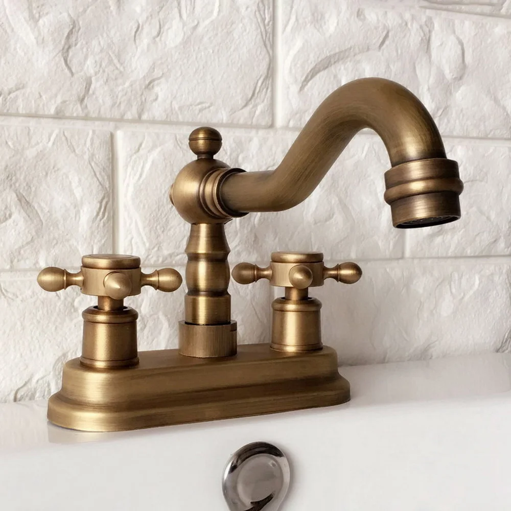 

Antique Brass 4" Centerset Kitchen Bathroom Vessel Sink Two Holes Basin Swivel Faucet Dual Handles Water Tap Lan063