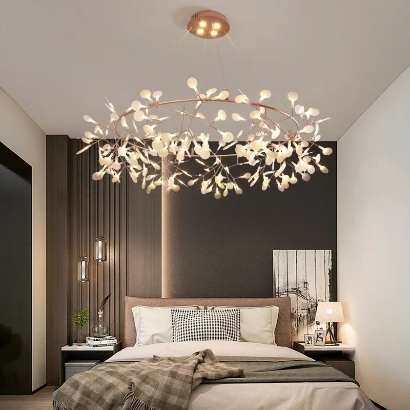 

Nordic Firefly Romantic Chandelier Stylish Tree Branch Metal Round Pendant Light Dining Room Living Room Decoration Fixture