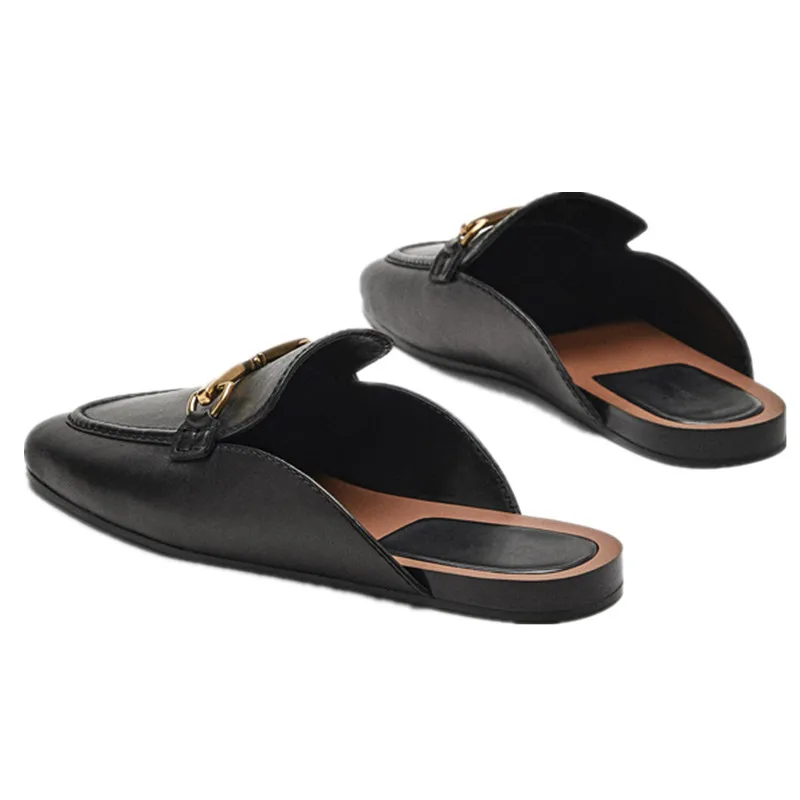 Jenny&Dave French Flat Shoes Women Fashion Genuine Leather Mule Shoes Vintage Horsebit Buckle Office Lady Lofer Shoes
