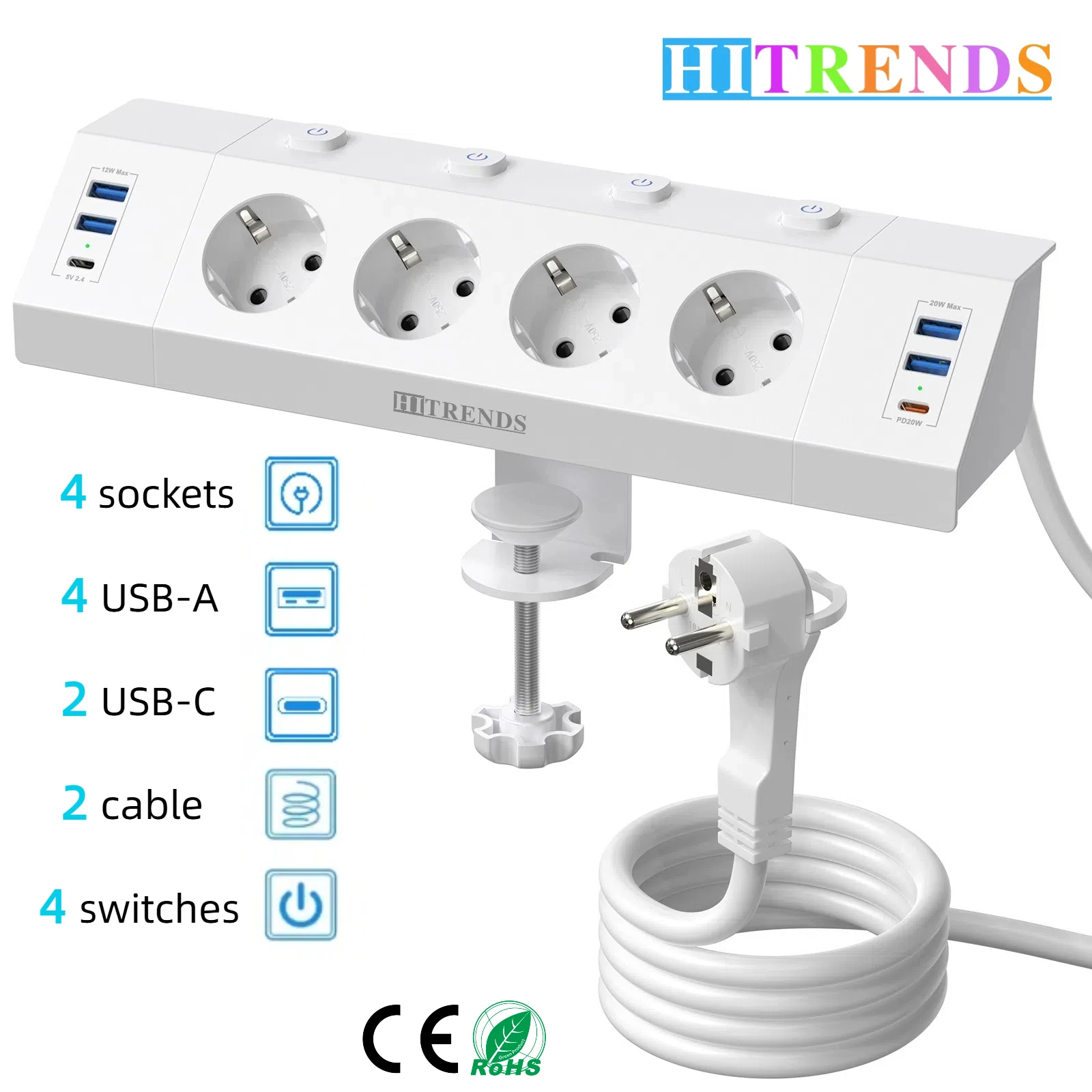ปลั๊ก EU ปลั๊กไฟมัลติฟังก์ชั่นพร้อมตัวหนีบเดสก์ท็อป ปลั๊กไฟ AC 4 ช่อง และสวิตช์อิสระสาย USB-A 2 เมตร 2 เมตร 1