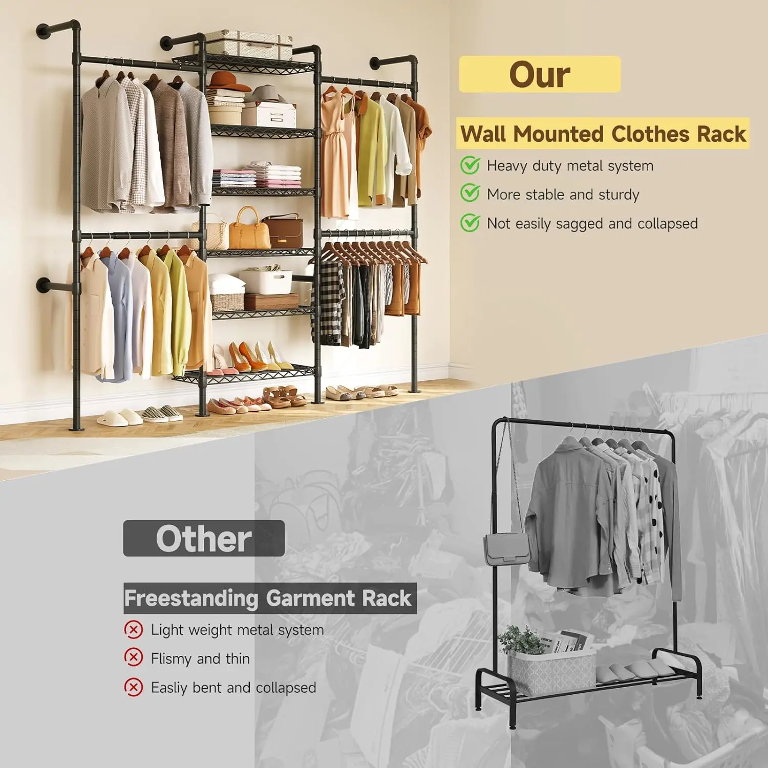 H3 Wall Mounted Closet System, Expandable Industrial Pipe Clothes Rack Clothing Rack for Hanging Clothes, Heavy Duty Closet