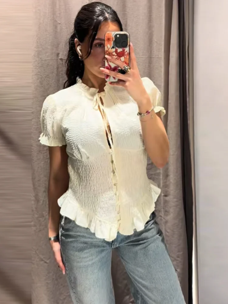 2026 Spring Summer Short Puff Sleeve Folds Shirts For Women Elegant Ruffles Single Breasted Shirt Lady Street Chic Cropped Tops 3