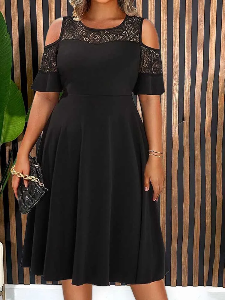 Women Simple Dress Casual A Line Black Lacy Dress Off The Shoulder Summer  Curve Plus Size Daily Dress Elegant - AliExpress