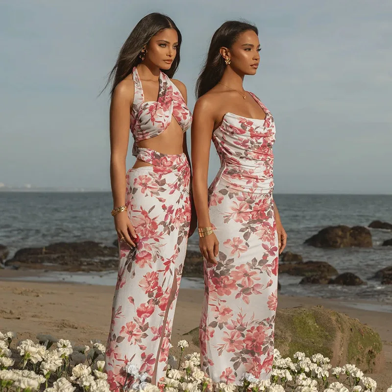 Vestido midi sexy con estampado de un solo hombro para mujer, vestido largo ajustado sin mangas con hombros descubiertos y espalda descubierta para fiesta y club.