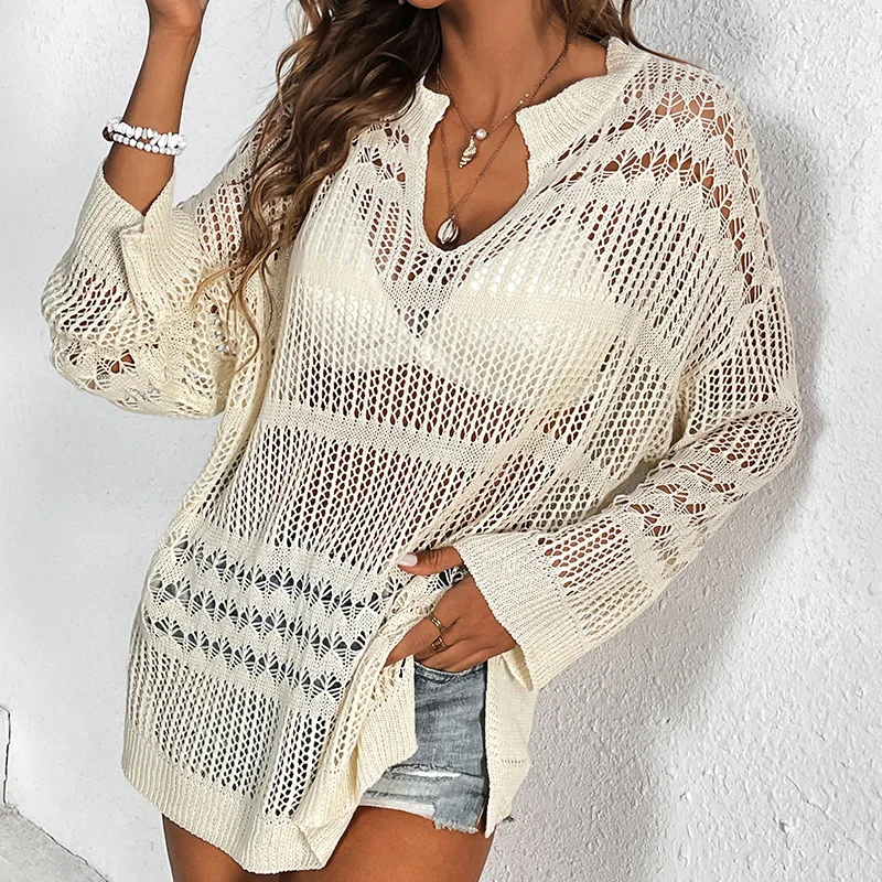 Women's Hollow Long Sleeve Crochet Robe Beach Cover Up Beach Skirt Beach Wear Beach Wear Women