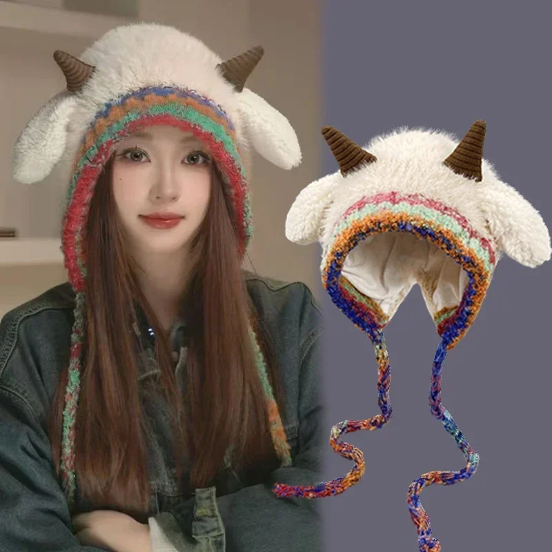 Kawaii Plush Sheep Hats Women Girls Knitted Woolen Hat Fem Winter Warm Ear Protection Hat Sweet Casual Fluffy Fur Kids Beanies
