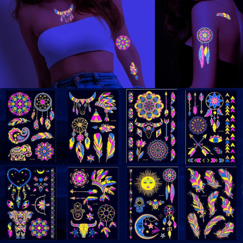 Luminous Temporary Tattoos Stickers Fluorescent Neon In Dark Illuminate Tattoo Elephant/Love Heart Shoulder Tattoo Party Sticker