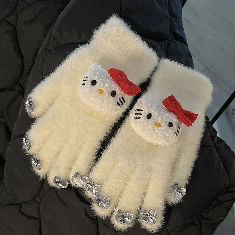 산리오 헬로 키티 여성용 장갑, 귀여운 키티 고양이 봉제 장갑, 따뜻한 부드러운 봉제 양모, 풀 핑거 장갑, 다이아몬드 선물