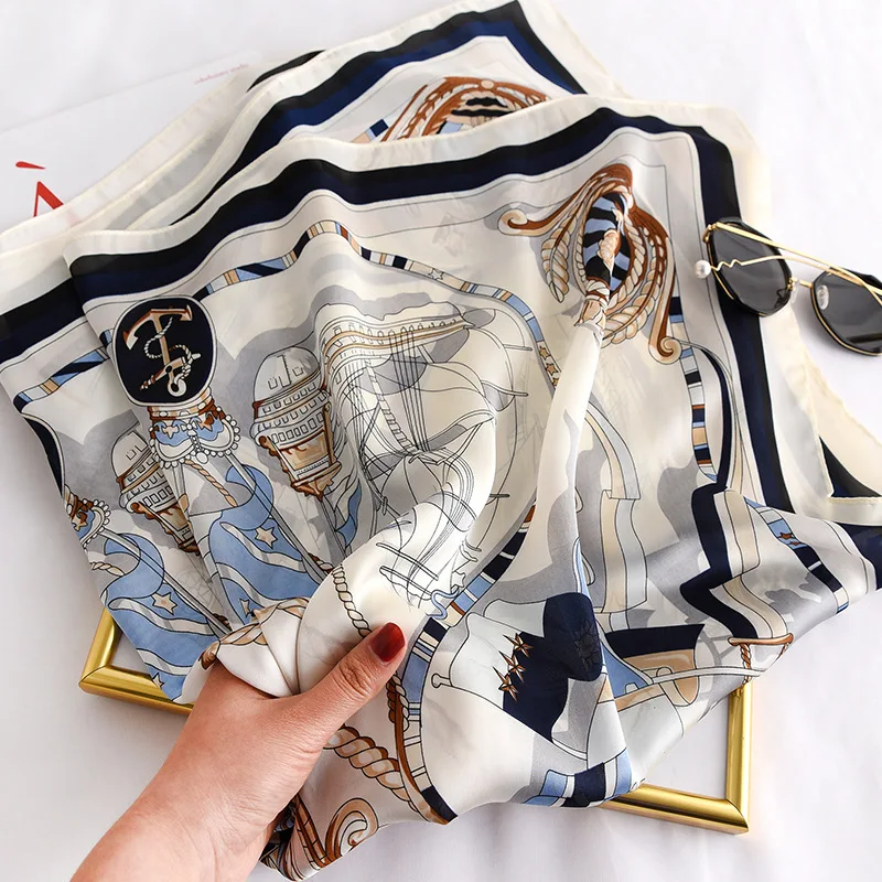 90*90cm Women Square Silk Scarf Luxury Brand Large Shawl Neckerchief Print Headband Female Foulard Bandana Wraps Hijab Scarves 4