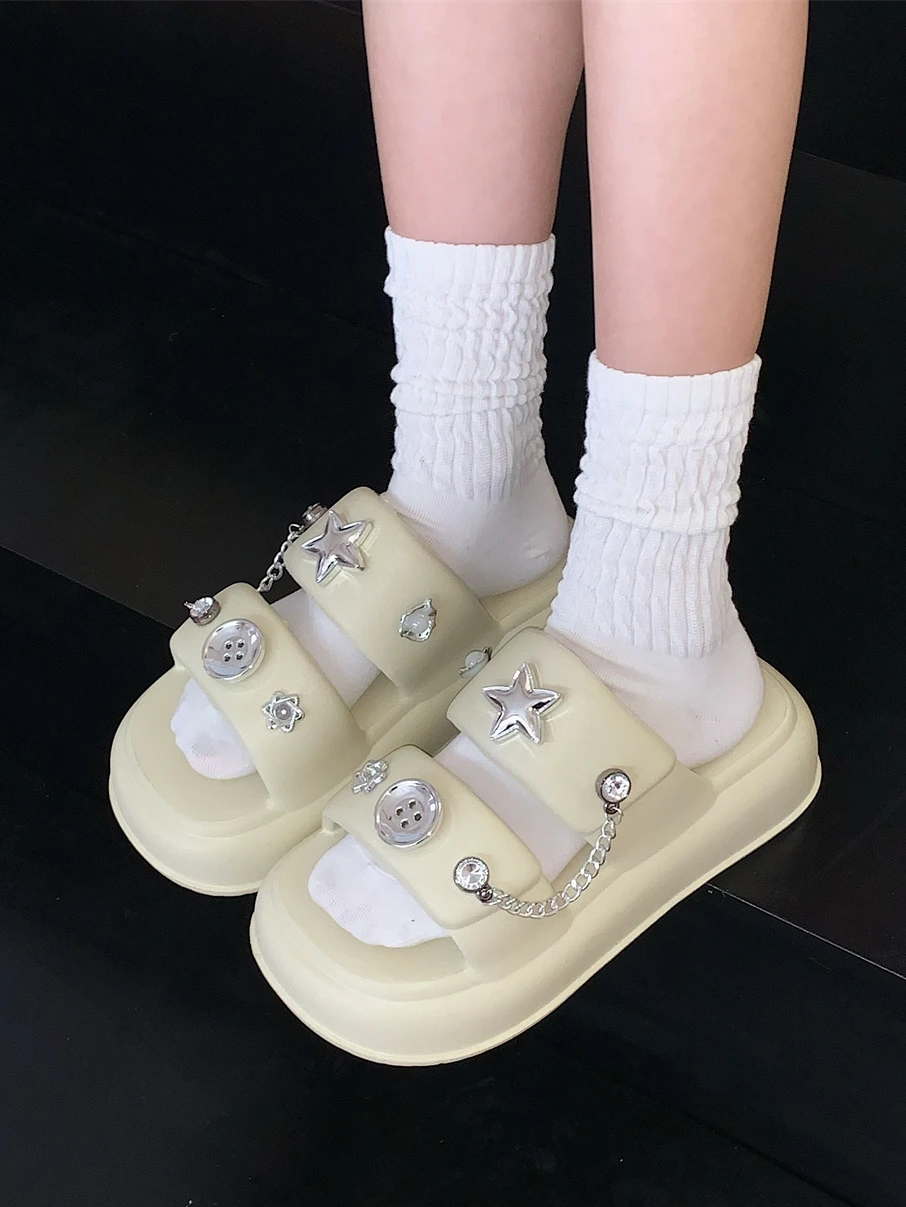 Height Increase Thick Sole Slipper Women Y2K Girl Chain Star Double Strap Slippers For Women Outdoor Slippers