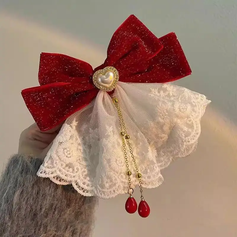 1 Stück süßes Temperament, rote Spitze Schleife, einzeiliger Clip, runaway Princess, gebrochene Diamant-Haarspange, Hinterkopf-Clip-Stirnband