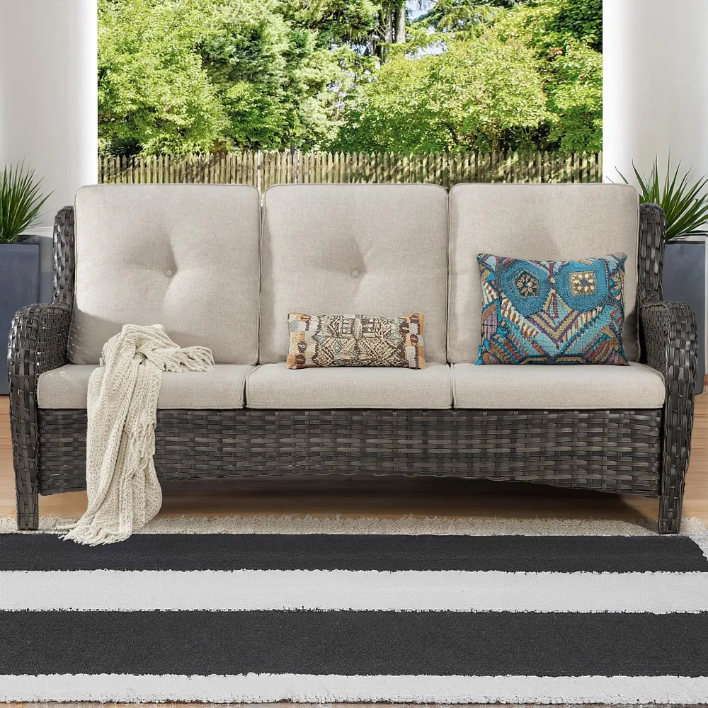 

Outdoor Couch Wicker Patio Sofa - 3-Seat Patio Sofa with Deep Seating and Comfortable Cushions for Porch Deck Balcony Garden